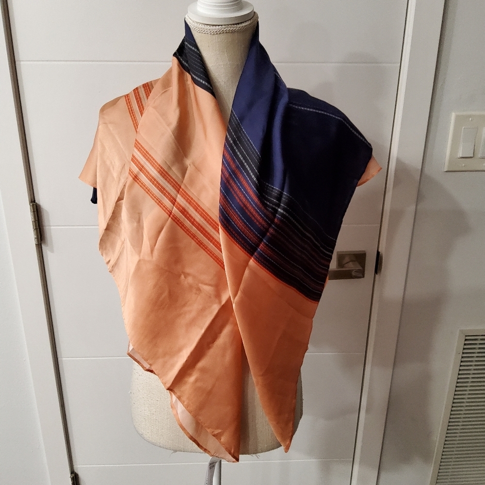 Elegant Silk Peach and Navy Scarf